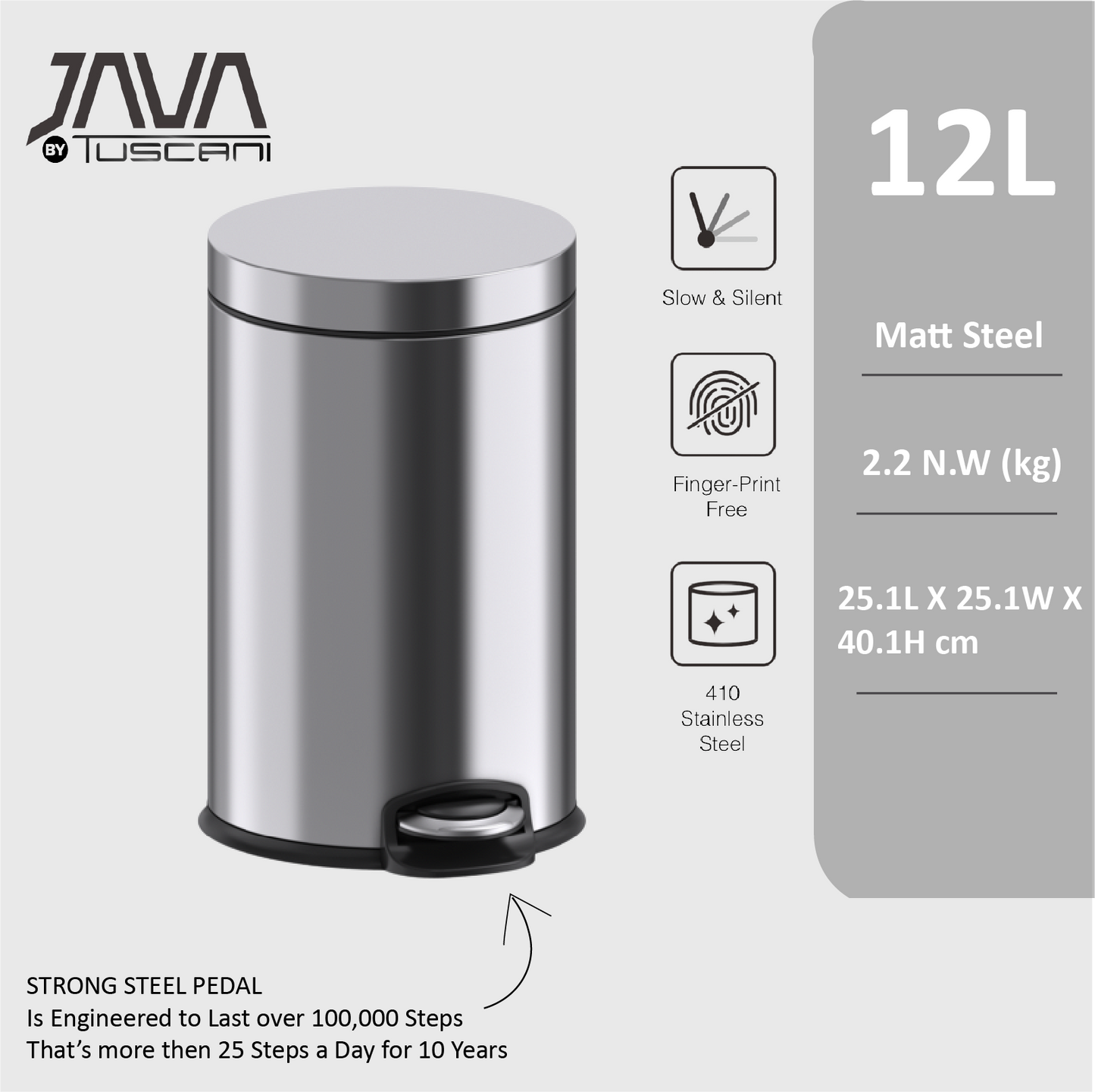 Tuscani JAVA TJ-8856 Matte Steel Pedal Bin