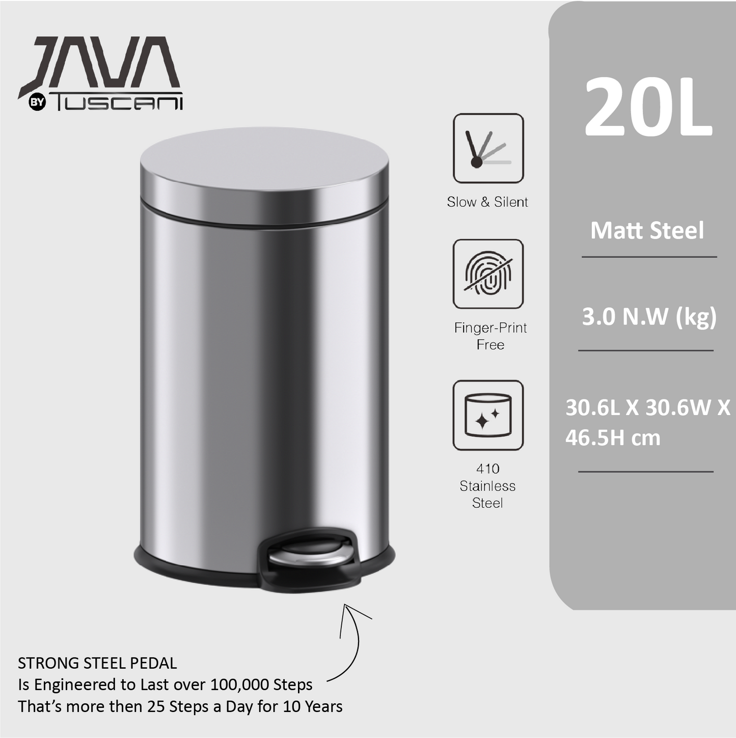 Tuscani JAVA TJ-8856 Matte Steel Pedal Bin