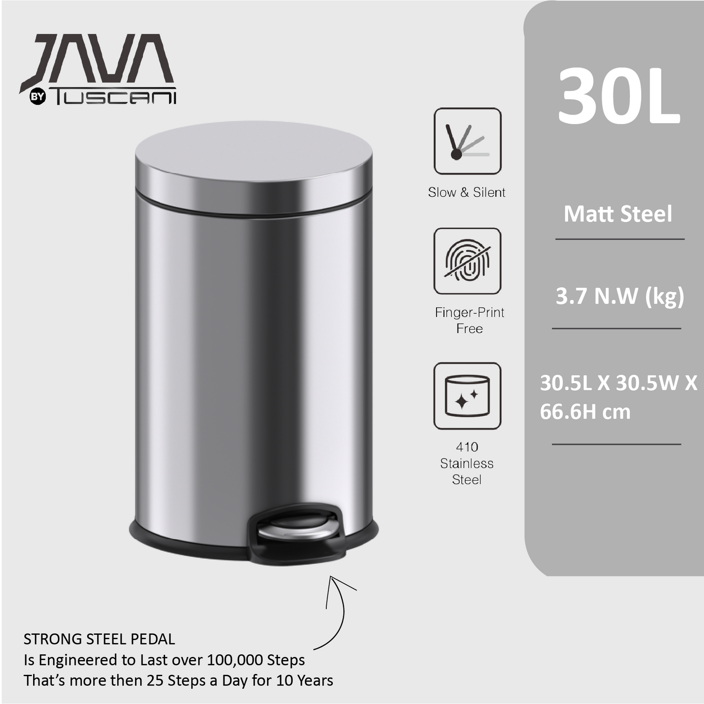 Tuscani JAVA TJ-8856 Matte Steel Pedal Bin