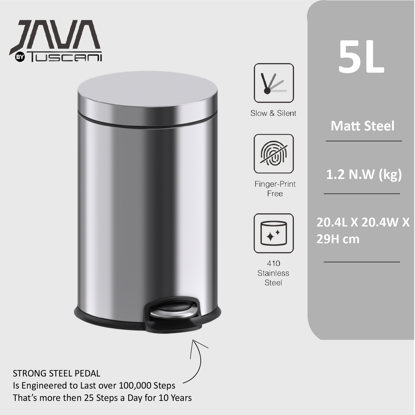 Tuscani JAVA TJ-8856 Matte Steel Pedal Bin