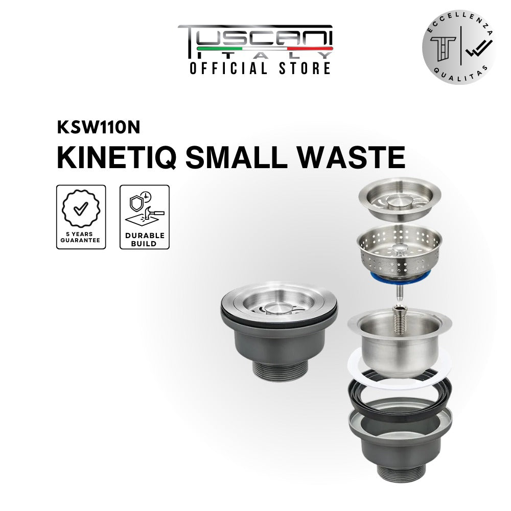 Tuscani Kinetic Small Basket Kitchen Waste strainer with brushed stainless steel finish for hygienic sinks