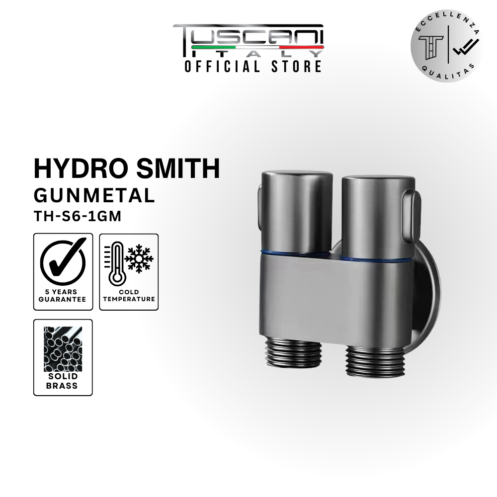 Tuscani TH-S6-1GM double angle valve in gunmetal finish with dual outlets and compact brass design