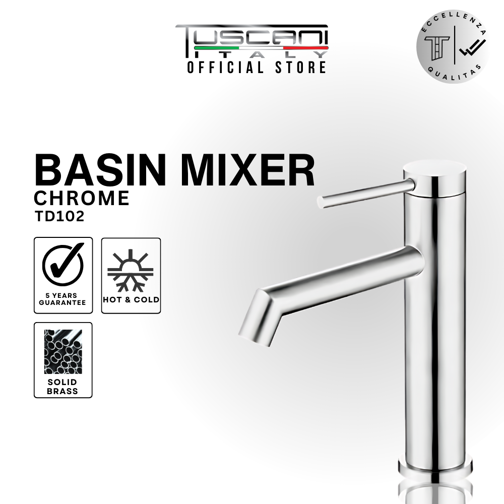 Tuscani TD102-CH Basin Mixer in polished chrome from Di Livio Series, modern bathroom faucet with single-lever control and brass construction