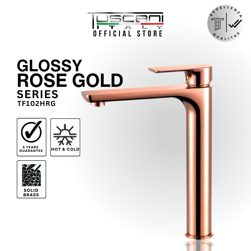 Tuscani TF102HRG rose gold high basin mixer for countertop basins