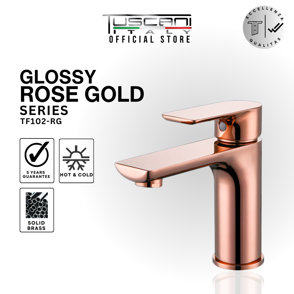 Tuscani TF102RG rose gold basin mixer with single lever and high-quality brass finish