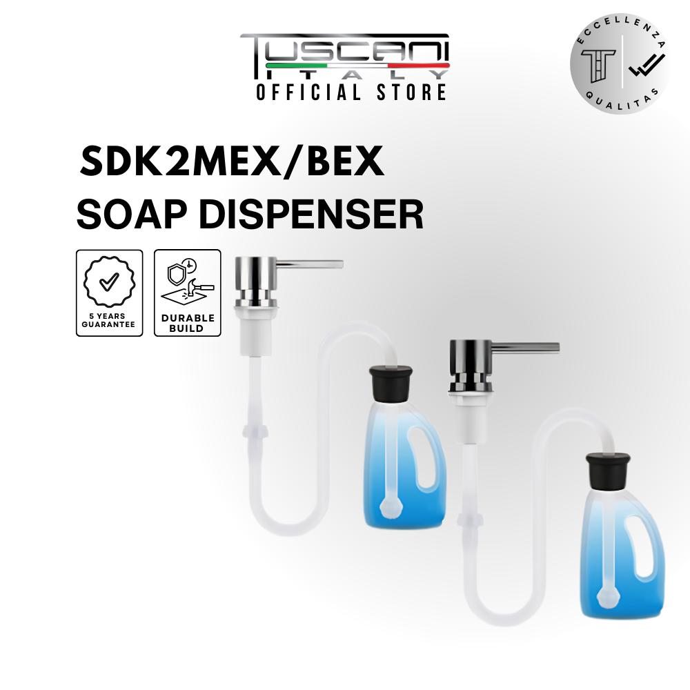 Tuscani soap dispenser with 1m extension hose in matte black and chrome for kitchen use