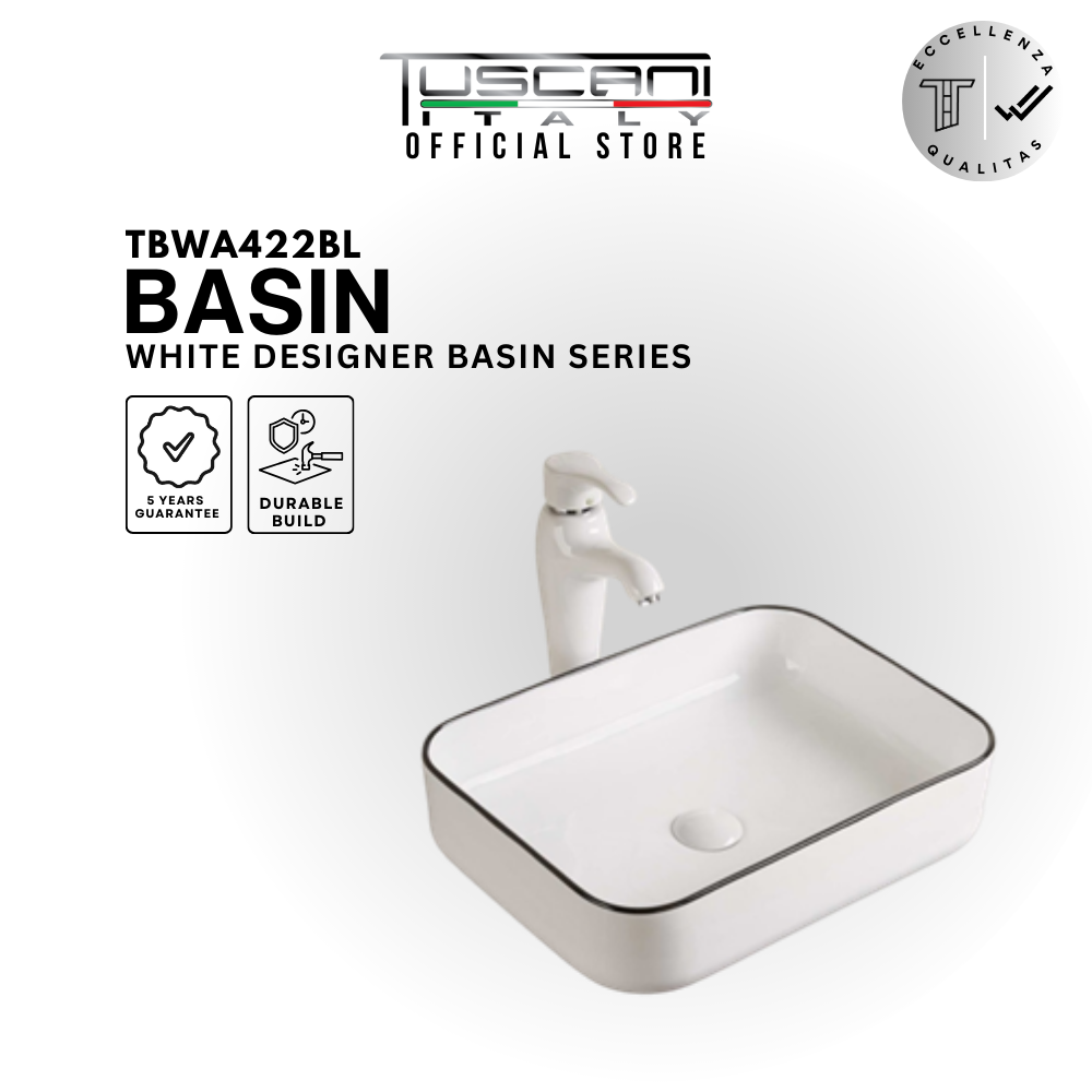 White and black TBWA422BL countertop designer basin with rectangular ceramic sink and black trim for modern bathrooms