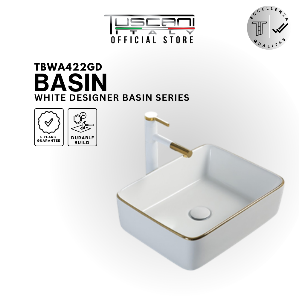 White and gold countertop designer basin TBWA422GD with elegant gold trimming and ceramic finish