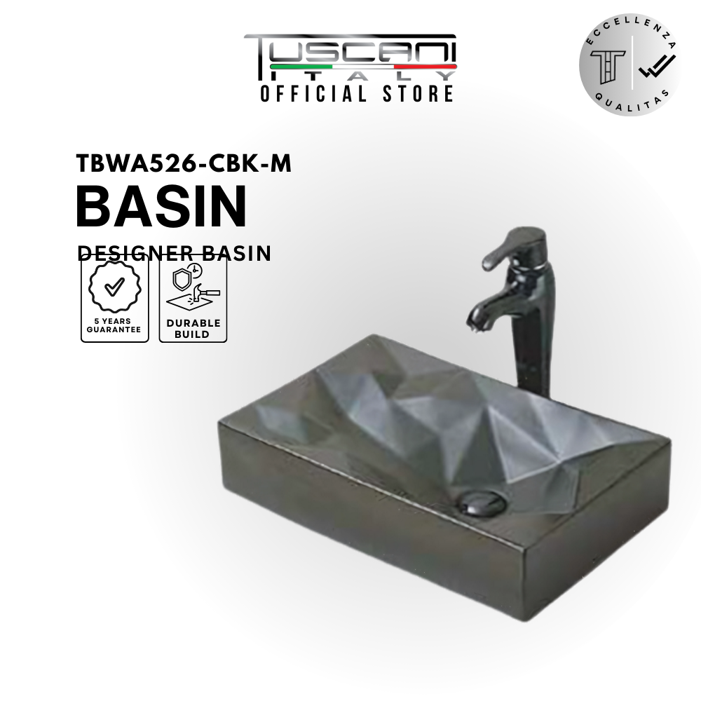 Matte black rectangular deck mounted designer wash basin TBWA526-CBK-M in modern bathroom setting