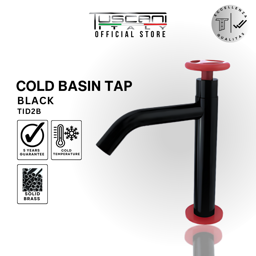 Tuscani Industrial Design basin cold tap with matte black body and bold red handle