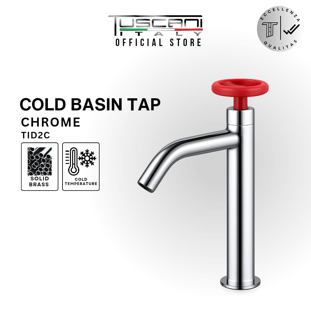 TID2CH Chrome Basin Cold Tap with red handle and industrial design