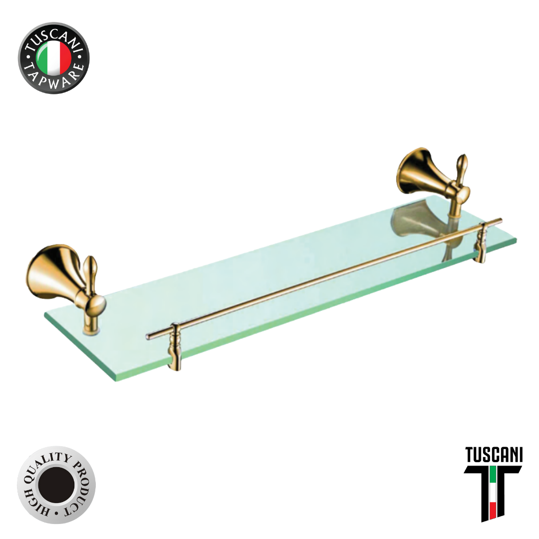 G7GS Gold Series glass shelf with gold-tone brackets and rail for bathroom organization by Tuscani Italy