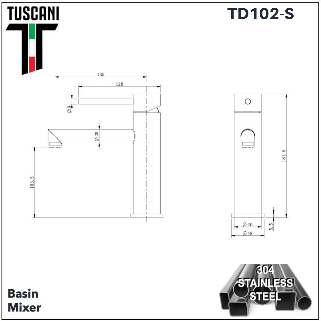 TD102-S - Basin Mixer (304 Stainless Steel)