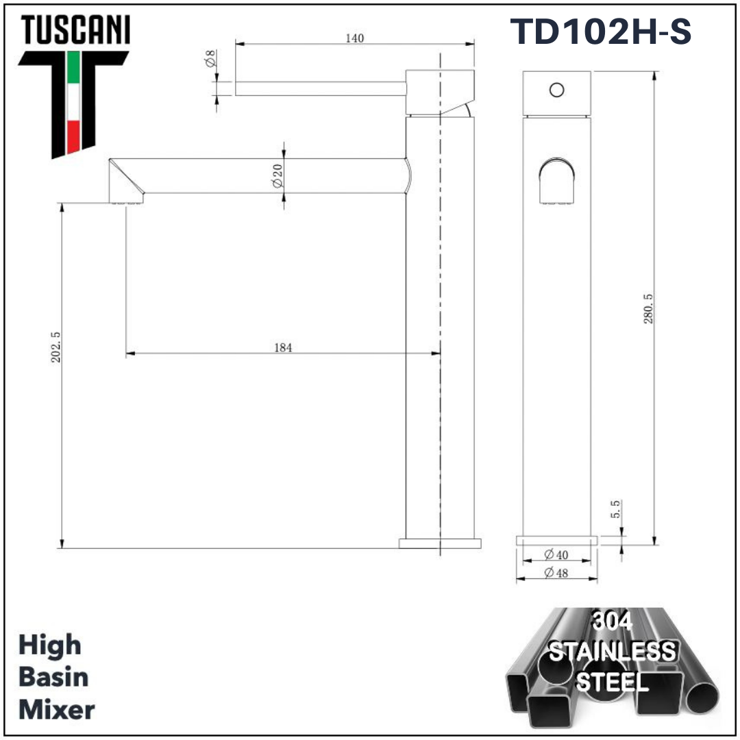 TD102H-S - High Basin Mixer (304 Stainless Steel)