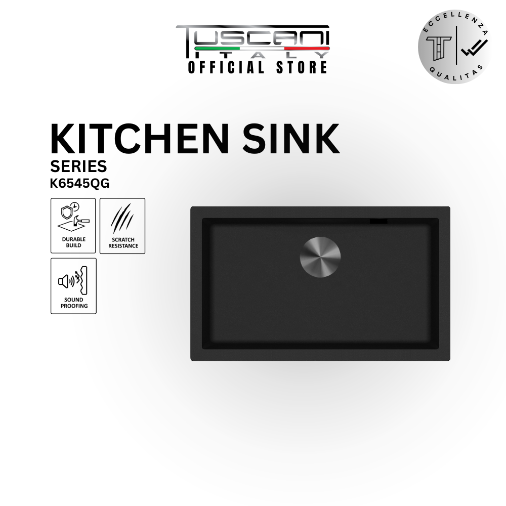 Tuscani Handmade Nano Granite Kitchen Sink with matte black metallic frosted finish in modern kitchen setting