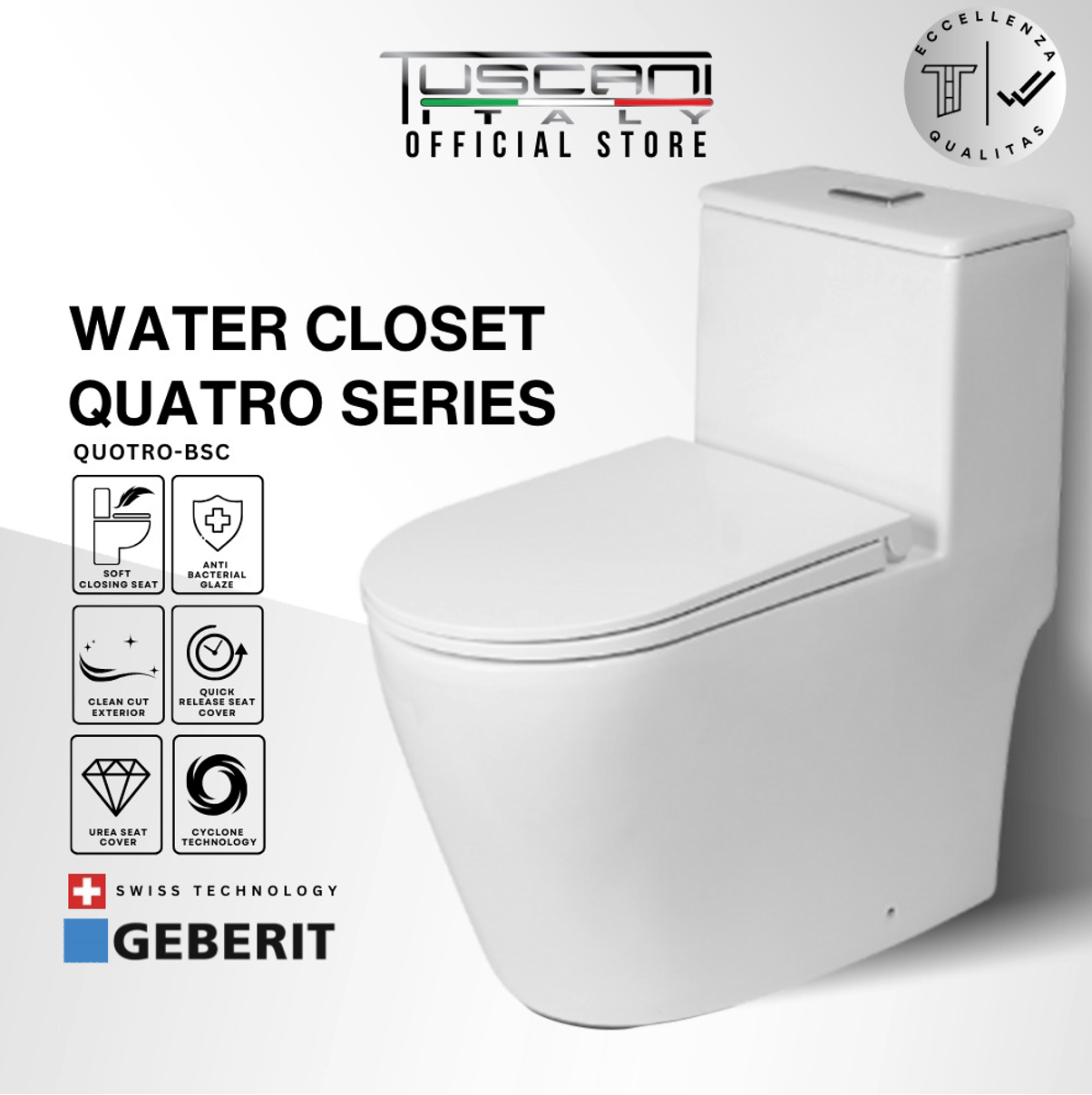 Tuscani Quatro Water Closet premium vitreous china toilet with Swiss-engineered flushing and slim top tank design
