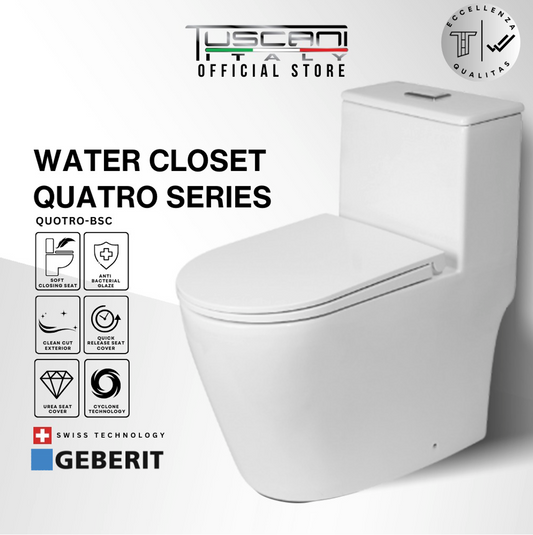 Tuscani Quatro Water Closet premium vitreous china toilet with Swiss-engineered flushing and slim top tank design