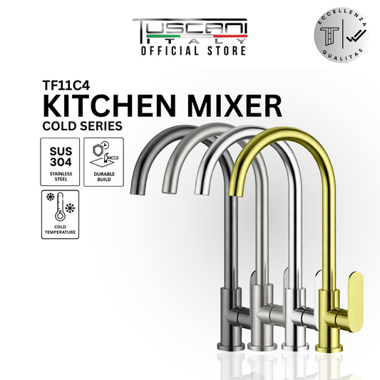Tuscani TF11C4 solid brass kitchen cold tap with universal thread for kitchen sink mixer in Chrome, Brush, Matte Gold, and Gunmetal finishes