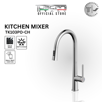 Tuscani TK109PO Kitania Series pull out kitchen mixer in matte gold with dual flow and solid brass construction