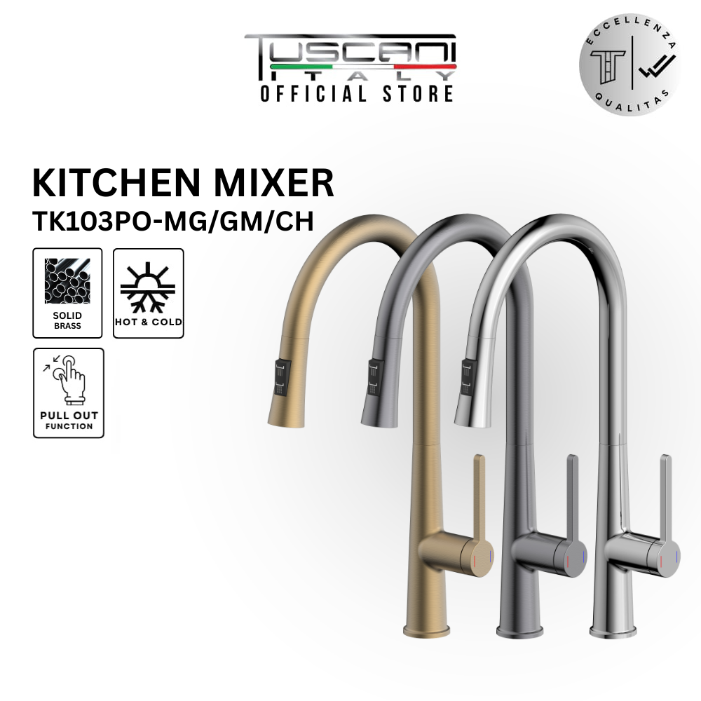 Tuscani TK103PO pull out kitchen mixer in matte gold, gunmetal, and chrome finishes with solid brass construction and ergonomic single lever control