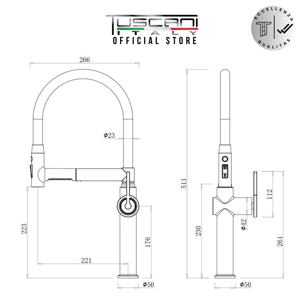 Tuscani TK128PO - Pull Out Kitchen Hot & Cold Mixer