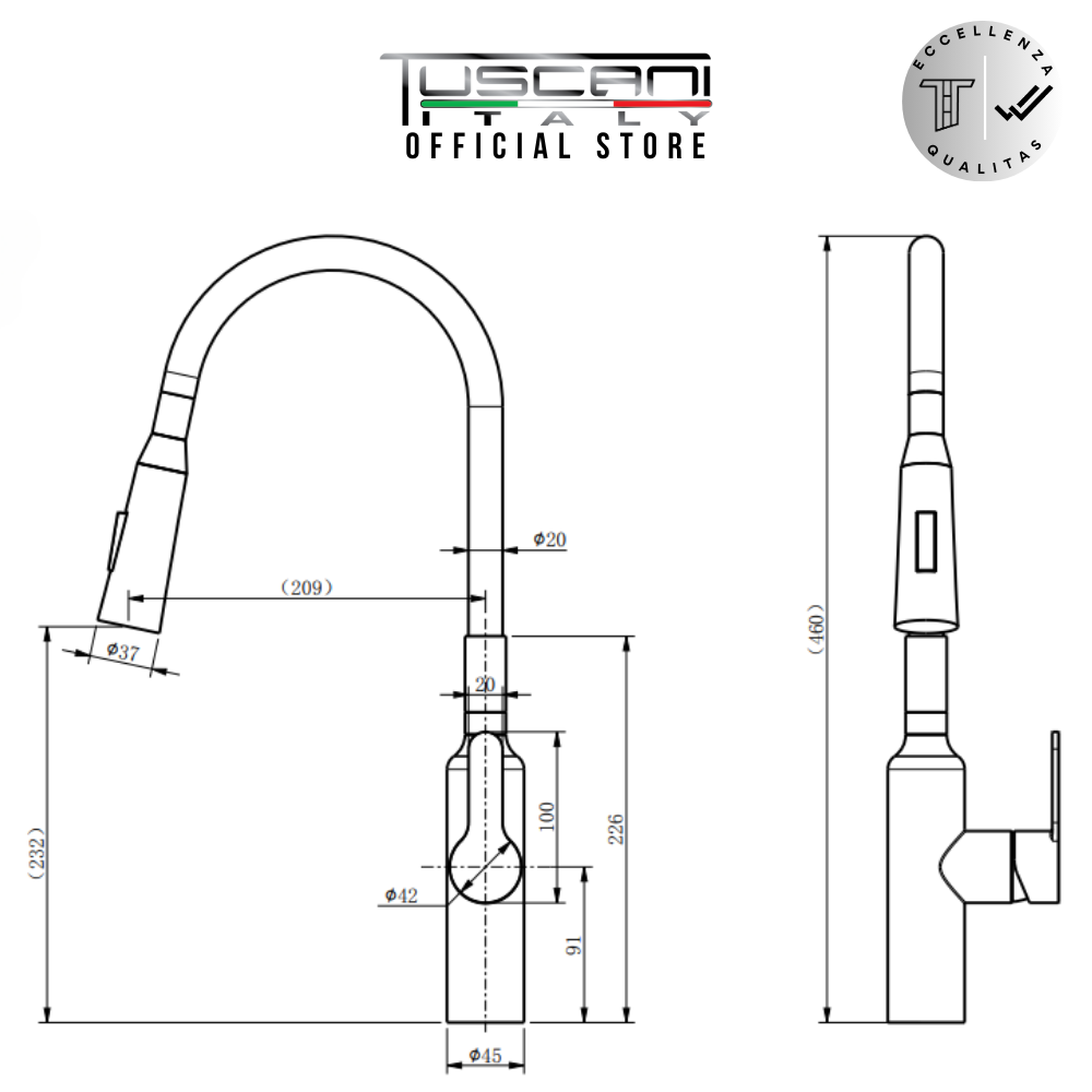 TK1F-S - Flexible Pull Out Kitchen Mixer