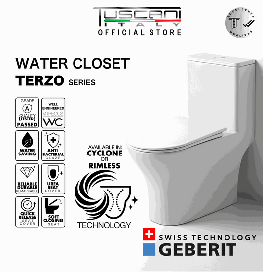 Tuscani TERZO Series Water Closet in white vitreous china with slim tank, soft-closing UREA seat cover, and Swiss Geberit flushing technology