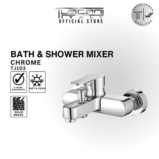 Tuscani TJ103 chrome bath and shower mixer made of solid brass with sleek modern design and single lever control