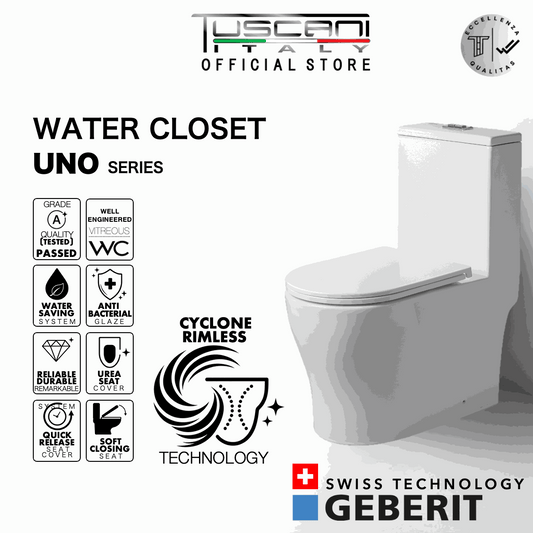 Tuscani Uno Water Closet in white vitreous china with slim tank and UREA soft-close seat featuring Cyclone Rimless technology